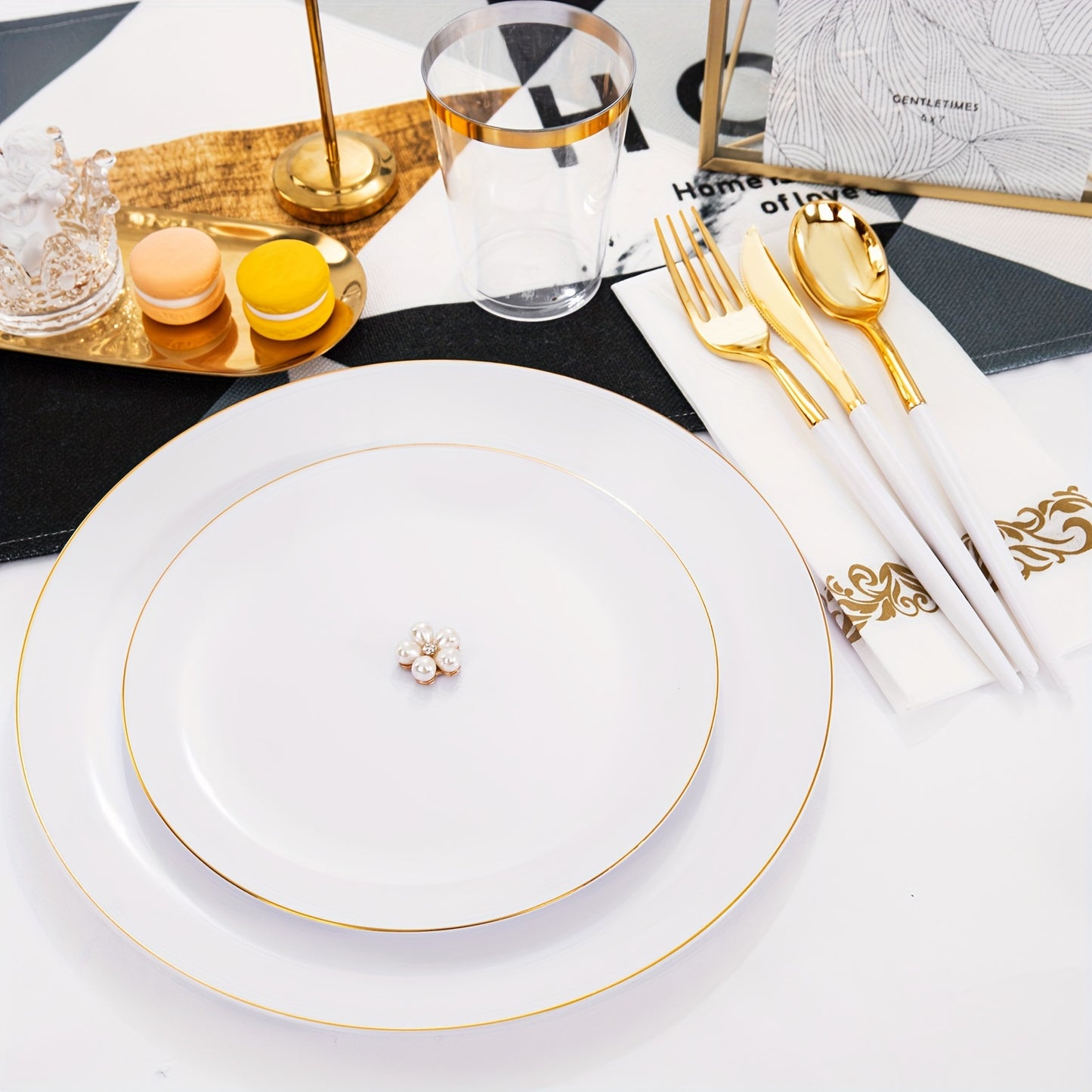 700pcs Golden Disposable Dinnerware Set, White Plastic Plates, Disposable Heavy Duty Tableware Set, Include 100 Golden Dinner Plates, 100 Dessert Plates, 300 Rolled Napkins With Golden Plastic Cutlery, 100 Plastic Cups, Party